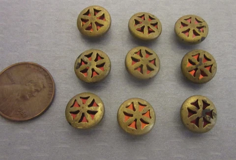 Victorian antique BRASS RED TWINKLE BUTTON SET 9 pierced star hump shank 11mm Cover