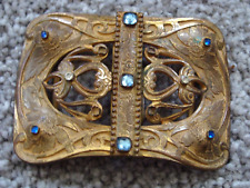 Antique Victorian Edwardian Art Nouveau Gilded Brass Belt Buckle with Flowers 3"