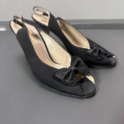 Salvatore Ferragamo Womens Shoes 9 AA Black Slingback Heels Peep Toe Vintage - Image 1 of 4