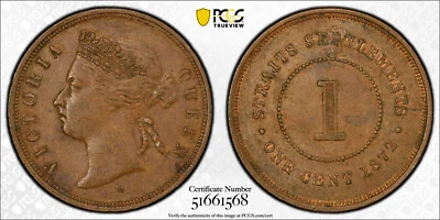 1872-H Straits Settlements 1 Cent PCGS AU53 BN - Image 1 of 3