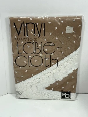 K C VINYL FLANNEL Back Brown TABLECLOTH W White Fringe Flower Round 60'' Vintage - Image 1 of 4
