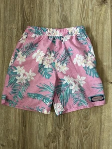 Vineyard Vines Boy’s Small Pink and Teal Palm Tree Printed Swim Trunks - Picture 1 of 7