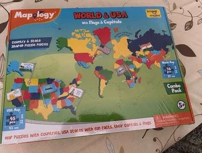 Mapology EUA e Mapa do Mundo Quebra-cabeça com Bandeiras, Capitais, Adesivos Pacote Combo NOVO  - Imagem 1 de 2