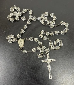 Vintage Diroma Sterlingsilber Rosenkranz Halskette mit klaren Kristallglasperlen 21 Zoll - Bild 1 von 10
