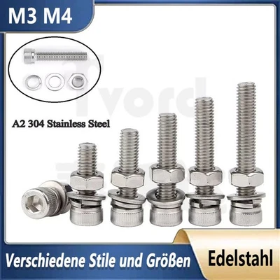 M3 M4 Zylinderschraube mit Sechskant Mutter & Unterlegscheiben Edelstahl A2 Neu - Bild 1 von 4