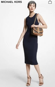 Michael Kors Navy Ribbed Knit Dress White Lace Up Sides Women’s L Uk 14 Vgc #1 - Picture 1 of 10