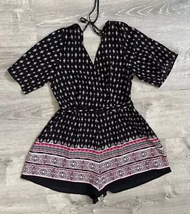 Three Pink Hearts Shorts Romper Black Floral Back Zip Tie, Waist, Lined Size Med - Picture 1 of 8