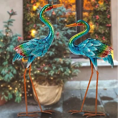 Garden Crane Statues For Outdoor Decor Set Of 2 Blue Heron Sculptures Metal Larg - Image 1 of 4