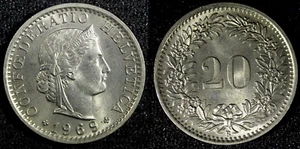 Schweiz Kupfer-Nickel 1969 B 20 Rappen UNC KM# 29a (23 585) - Bild 1 von 3