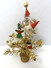 Mini arbre de Noël vintage années 60 en aluminium or 10 pouces avec elfes en coton filés Japon