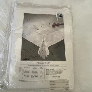 Vtg White French Braid Handmade Continental Lace Tablecloth Napkins 68x104 NWT - Picture 1 of 6