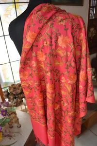 PEACH-PINK KASHMIRI CREWEL EMBROIDERED STOLE FLORAL 100% WOOL WOMEN'S SCARF - Picture 1 of 5