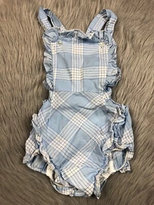 Vintage Baby Girls Blue White Plaid Ruffle Sunsuit Romper - Picture 1 of 9
