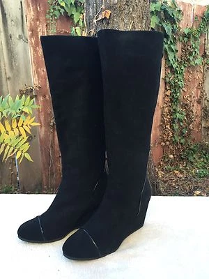 NEW TARYN ROSE Black Suede Leather Wedge Knee High Boots US SZ 9 M - Image 1 of 4