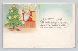 Postcard Christmas Joys Red Santa In Window Christmas Tree Candles - Picture 1 of 2