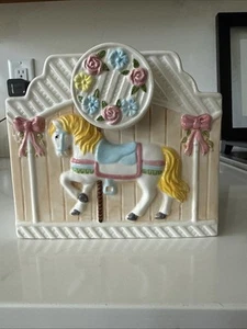 Vintage Musical Carousel Horse Planter ~ Baby Music Box Baby Gift Works Pink Bow - Bild 1 von 9