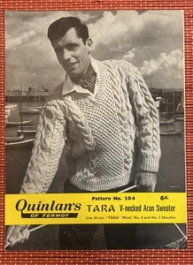 MENS ARAN V NECK CABLE KNIT FISHERMAN JUMPER 38”-40” VTG KNITTING PATTERN 204 - Picture 1 of 2