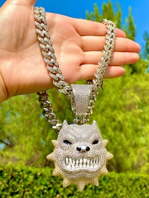 Bulldog Pitbull Angry Dog Silver Pendant Men Iced Charm 12mm Miami Cuban Chain - Image 1 of 4