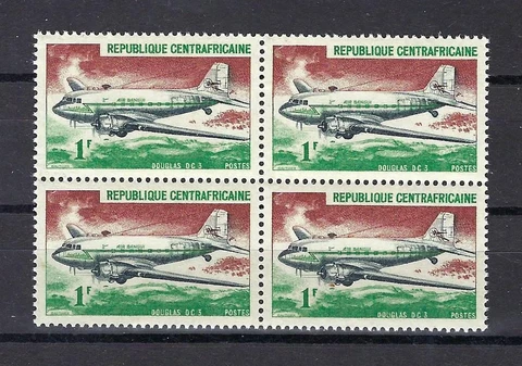 Central African Republic 1967 Sc# 93 Plane Duglas DC-3 block 4 MNH Cover