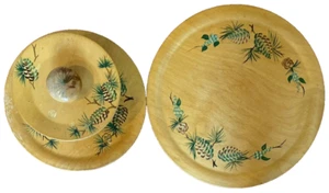 Vtg Two Tier Wooden Tray and Platter Woodero Hand Painted Pine Cones Christmas - Picture 1 of 12