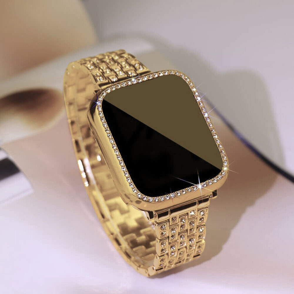 Diamond Bling Metal Strap iWatch Band Case for Apple Watch Series 7 6 SE 44/45mm