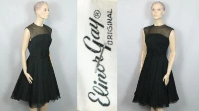 Vestido de noite vintage anos 50 ELINOR GAY original preto em camadas de chiffon - Imagem 1 de 4