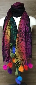 Cashmere Feel Oversized Floral Ombre Scarf Shawl 74"x26" Faux Fur Fringe Black - Picture 1 of 5
