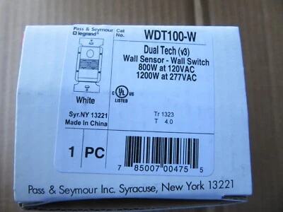 Pass & Seymour WDT100W Dual Tech Wall Sensor Switch 800W at 120V, 1200W at 277V - Image 1 of 3