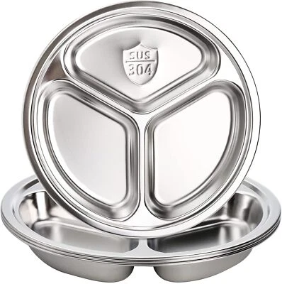 Pacote com 4 pratos divididos redondos de aço inoxidável, pratos de lanche de jantar de 9,5 polegadas com 3 - Imagem 1 de 3