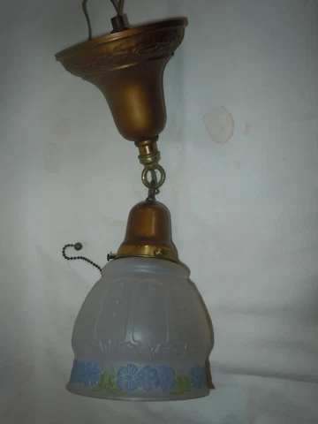 Vtg Art Deco Brass Pendant Ceiling Light/Wall Sconce w/Frosted Shade wired/works Cover