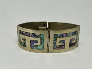 Vintage Mexican Sterling Silver Abalone Inlay Hinged Link Bracelet ~ 7in 32.6g - Picture 1 of 11