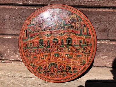 Antiguo contenedor de caja de tuercas de betel de madera redonda de laca birmana dividido indonesio  Foto 1 de 4