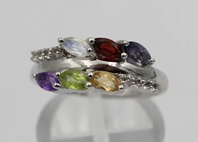 Nobile 0,95 Carati Multi Preziose Anello 925 Argento Misura 7/17/54 Anello Gemma - Immagine 1 di 4