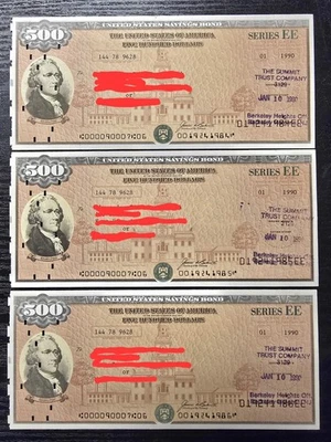 United States Savings Bonds 3 x $500 Hamilton Series EE 1990  - Image 1 of 2