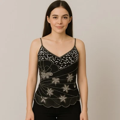 Camiseta sin mangas Body Central negra con cuentas lentejuelas mariposa fiesta cami Asym Y2K Foto 1 de 4