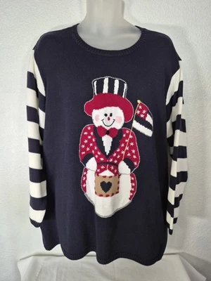 Quacker Factory Navy Blue Button-Up Cardigan Sweater Patriotic Snowman 2X NWT - Image 1 of 4