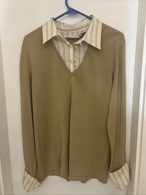 Women’s Jaclyn Smith Gold Sparkle V-neck Sweater With Shirt Accents Size L - Image 1 of 4