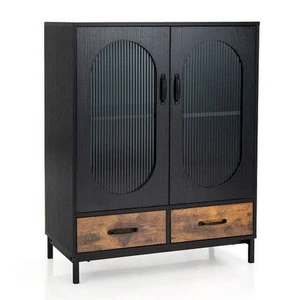 Kitchen Industrial Buffet Sideboard with Tempered Glass Doors-Black - Picture 1 of 5