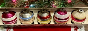 (5) Vintage Shiny Brite gestreifter Glas Christbaumschmuck + Box - zwei Glimmer - ++ - Bild 1 von 3