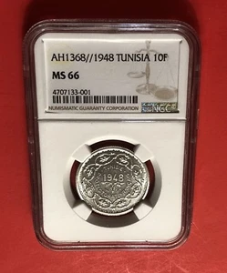 TUNISIA -AH1368 1948 SILVER ,10 FRANCS  NGC MS 66  EXTRA RARE ..LOW MINTAGE . - Picture 1 of 12