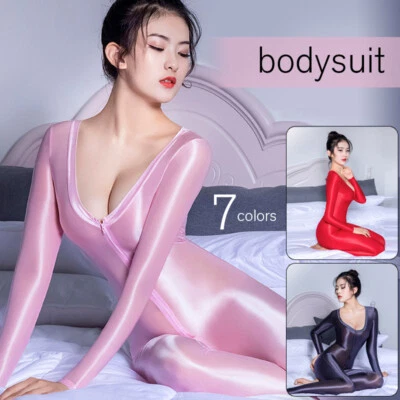 Sexy glänzender glänzender Damen-Body tiefer V-Ausschnitt 2-Wege-Reißverschluss Schritt Wetlook Overall - Bild 1 von 4