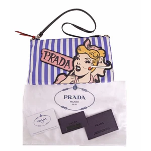 NEW $1,200 PRADA Blue White Striped Nylon COMIC LOGO Saffiano Patch Shoulder BAG - Picture 1 of 12