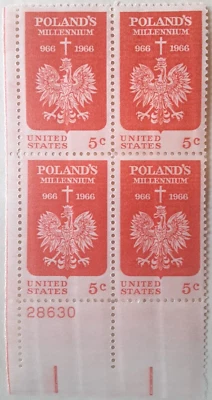 966-1966 Poland's Millennium 5c / 5 Cent Stamp Plate #28630 Block of 4 Env#1 MNH - Image 1 of 2
