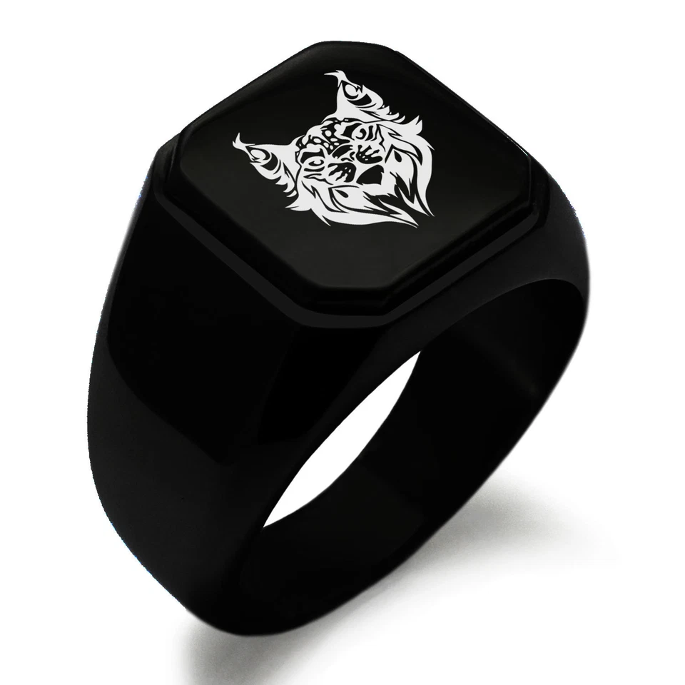 Anillo de sello cuadrado estilo motociclista diseño lince tribal de acero inoxidable para hombre Foto 1 de 1