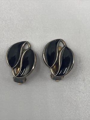 Vintage Sterling Silver David Andersen Norway Black Enamel Clip On Earrings - Image 1 of 4