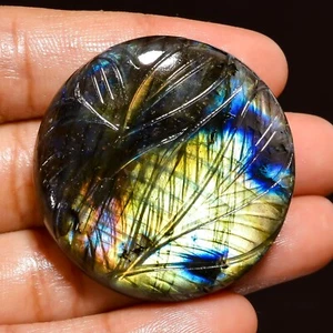 113.50 Cts Natural Indian Labradorite Loose Gemstone Round Carving 38X38X9 mm - Picture 1 of 7