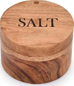 Acacia Wood Round Salt and Spice Box with Magnetic Swivel Lids for Kitchen Salt - Picture 1 of 6