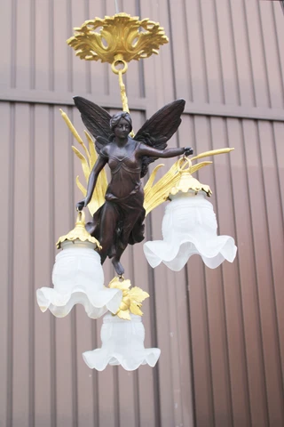 Vintage brass & spelter  putti cherub angel chandelier lamp rare glass shades Cover