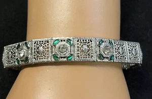 Art Deco 925 Sterling Silver Open Filigree Emerald Paste Bracelet 7 1/8” —-654 - Picture 1 of 8