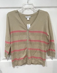 CJ Banks Cardigan Sweater Beige With Coral Stripes Size M New - Picture 1 of 9